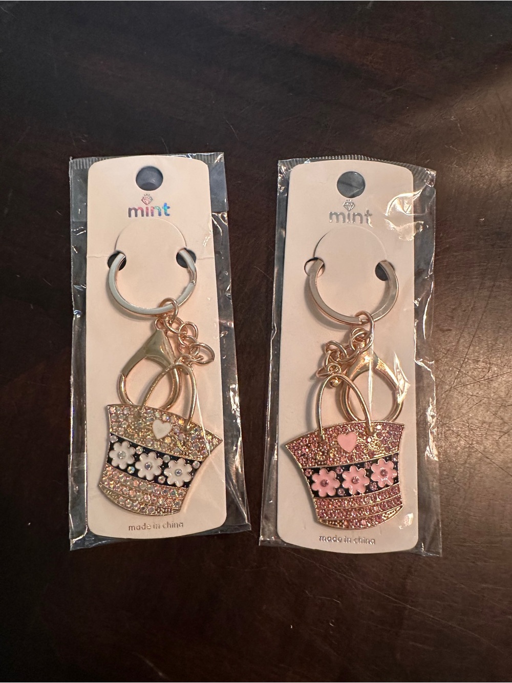 Mint Pink and White Floral Glitter Tote Bag Keychains - Set of 2